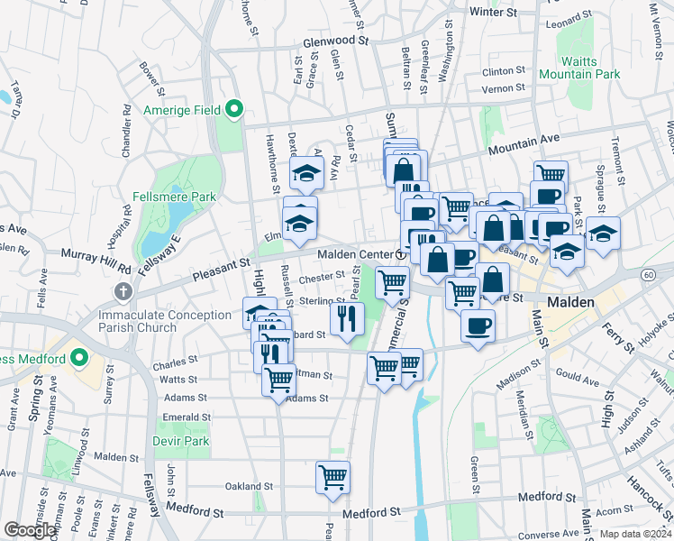 map of restaurants, bars, coffee shops, grocery stores, and more near 28 Chester Street in Malden