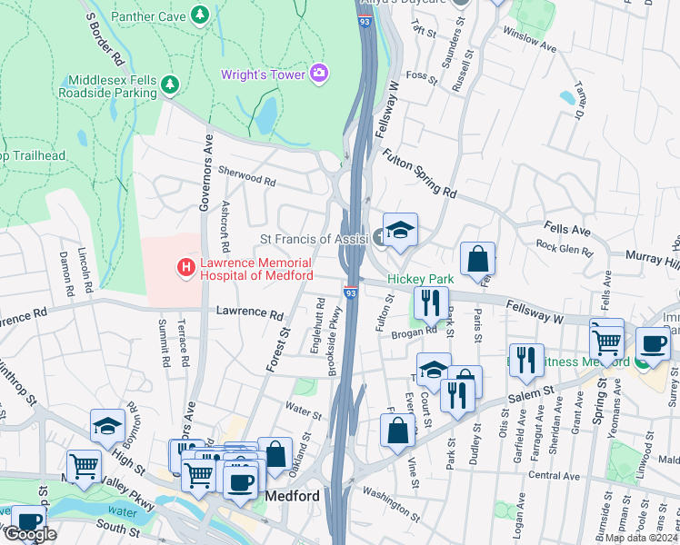 map of restaurants, bars, coffee shops, grocery stores, and more near 17 Valley Street in Medford