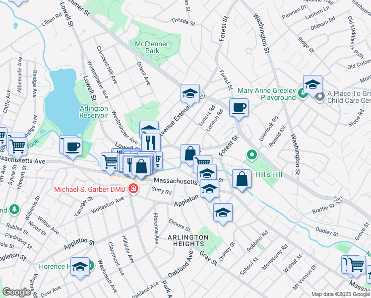 map of restaurants, bars, coffee shops, grocery stores, and more near 78 Bow Street in Arlington