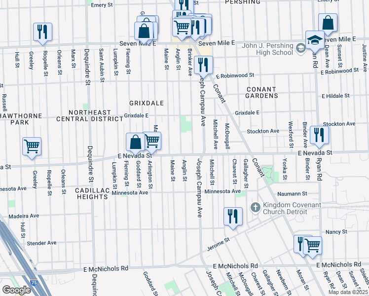map of restaurants, bars, coffee shops, grocery stores, and more near 18010 Anglin Street in Detroit