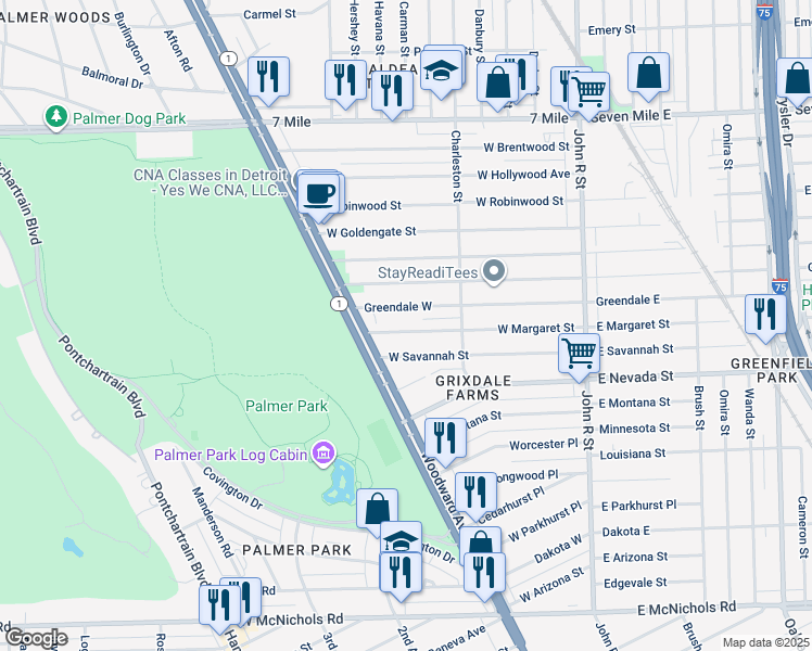 map of restaurants, bars, coffee shops, grocery stores, and more near 505 West Margaret Street in Highland Park