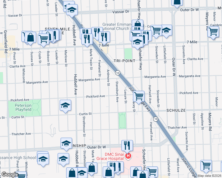 map of restaurants, bars, coffee shops, grocery stores, and more near 18429 Stansbury Avenue in Detroit