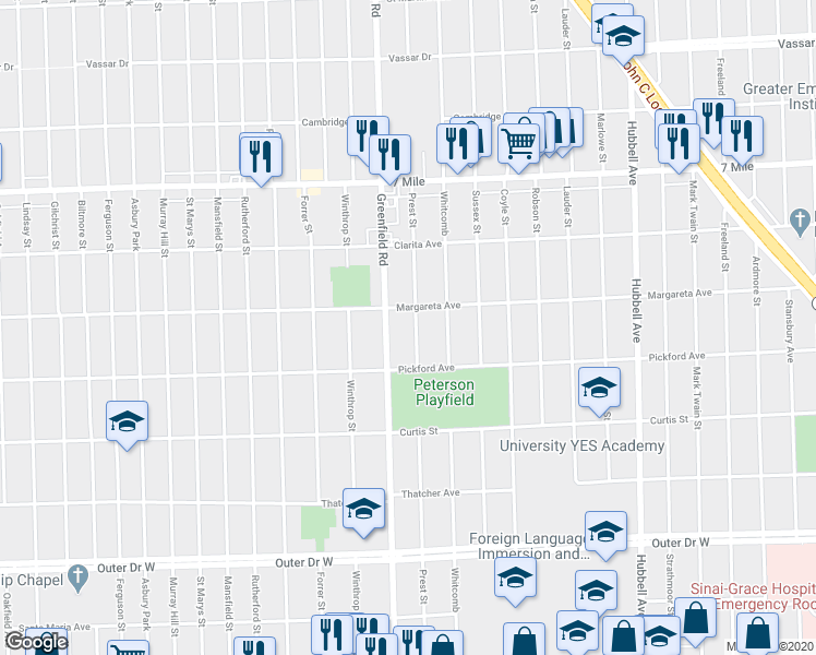 map of restaurants, bars, coffee shops, grocery stores, and more near 18470 Greenfield Road in Detroit
