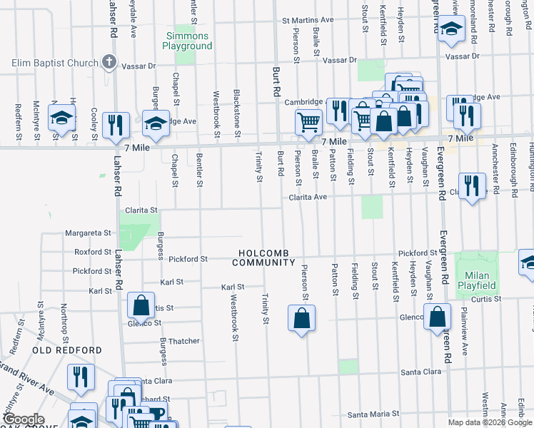 map of restaurants, bars, coffee shops, grocery stores, and more near 18521 Trinity Street in Detroit