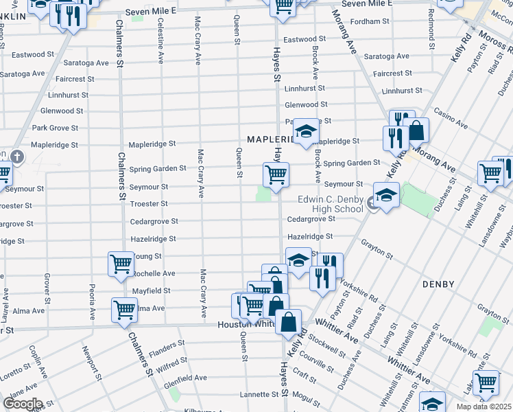 map of restaurants, bars, coffee shops, grocery stores, and more near 15046 Troester Street in Detroit