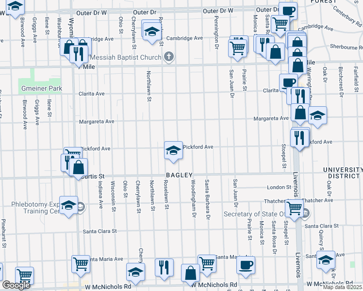 map of restaurants, bars, coffee shops, grocery stores, and more near 18402 Greenlawn Street in Detroit