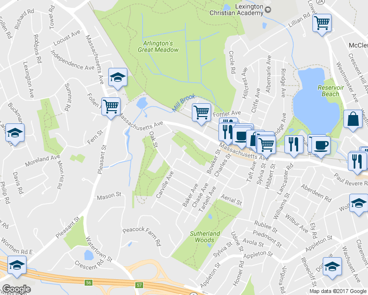 map of restaurants, bars, coffee shops, grocery stores, and more near 17 Holland Street in Lexington