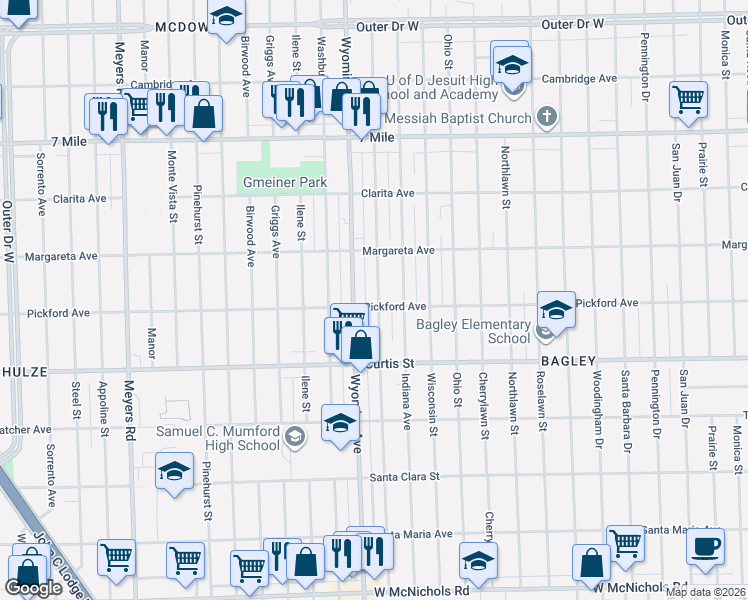 map of restaurants, bars, coffee shops, grocery stores, and more near 18315 Kentucky Street in Detroit
