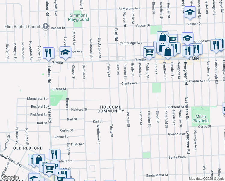 map of restaurants, bars, coffee shops, grocery stores, and more near 18525 Burt Road in Detroit