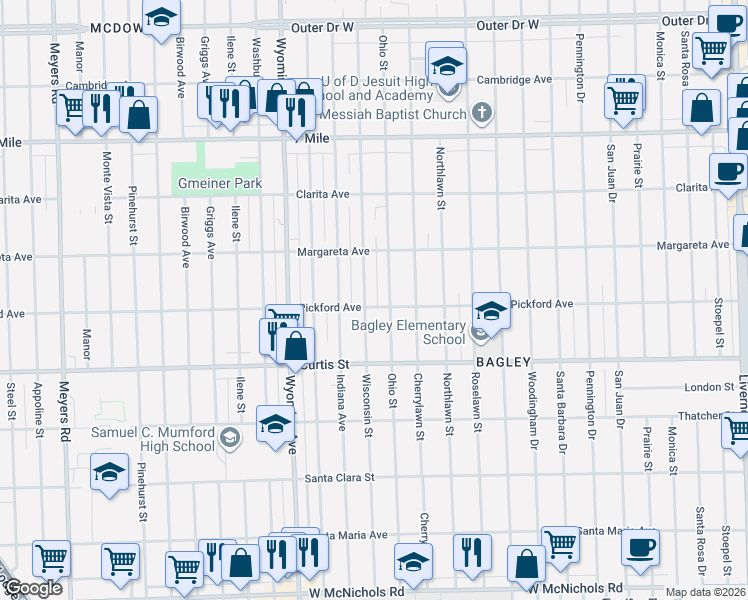 map of restaurants, bars, coffee shops, grocery stores, and more near 18410 Wisconsin Street in Detroit