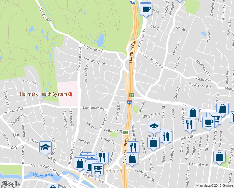map of restaurants, bars, coffee shops, grocery stores, and more near 4 Valley Street in Medford