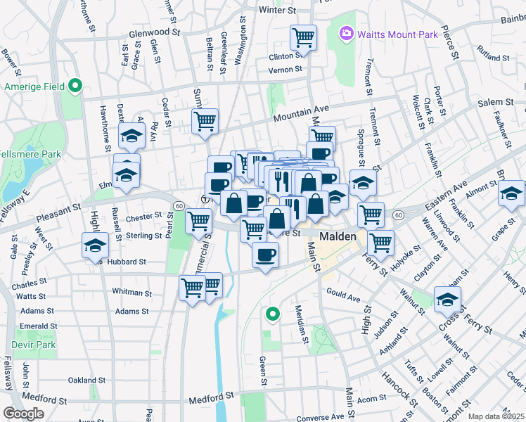map of restaurants, bars, coffee shops, grocery stores, and more near 63-65 Centre Street in Malden