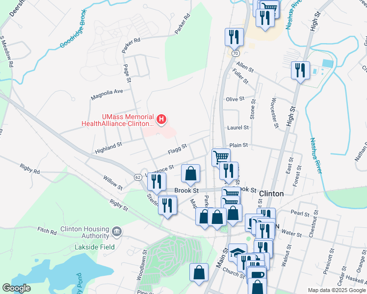 map of restaurants, bars, coffee shops, grocery stores, and more near 83 Flagg Street in Clinton