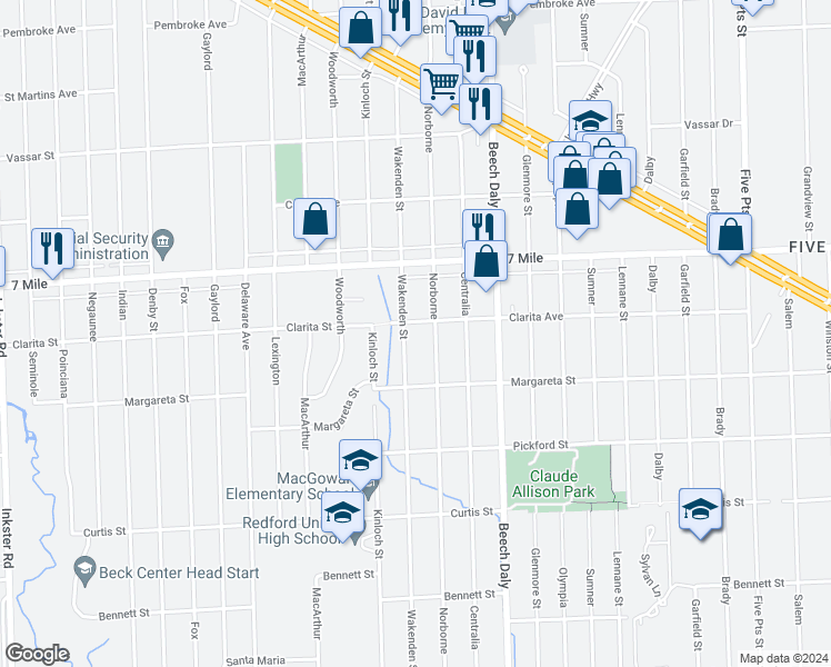 map of restaurants, bars, coffee shops, grocery stores, and more near 18704 Wakenden in Redford Charter Township