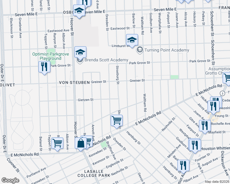 map of restaurants, bars, coffee shops, grocery stores, and more near 17834 Strasburg Street in Detroit