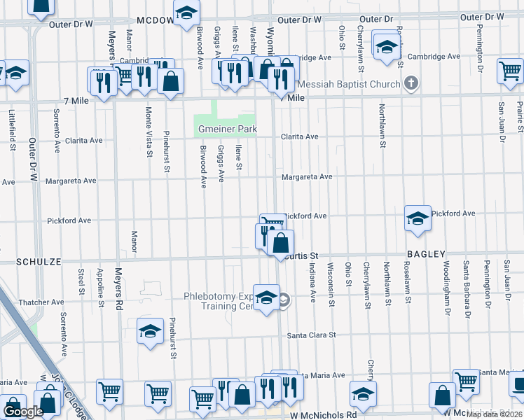 map of restaurants, bars, coffee shops, grocery stores, and more near 18404 Washburn Street in Detroit