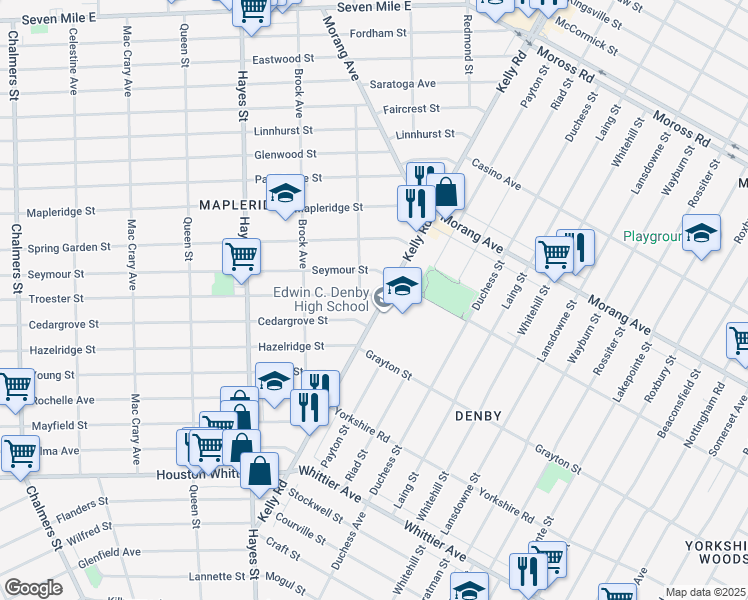 map of restaurants, bars, coffee shops, grocery stores, and more near 12999 Kelly Road in Detroit