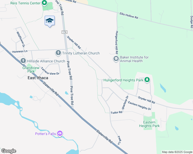 map of restaurants, bars, coffee shops, grocery stores, and more near Vincent and Hannah Pew Trail in East Ithaca