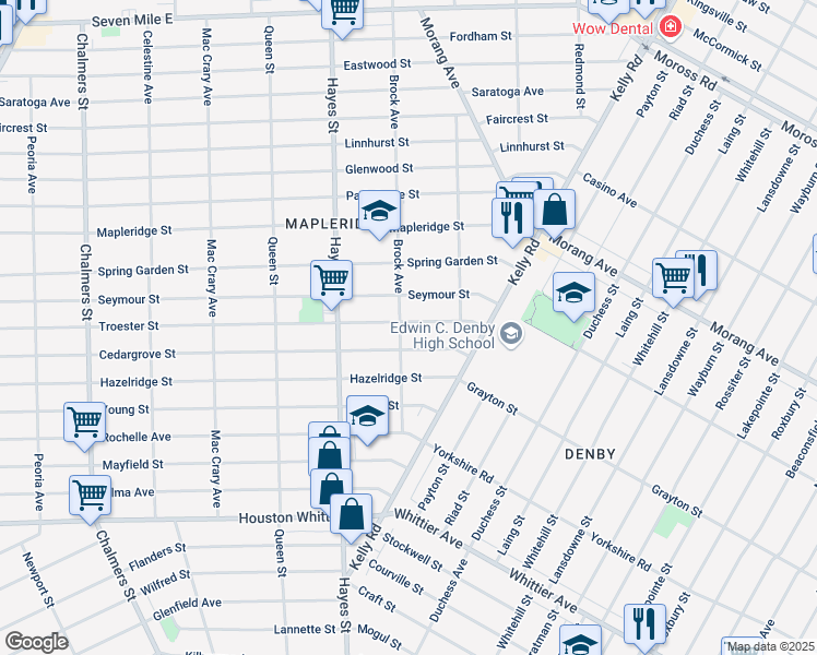 map of restaurants, bars, coffee shops, grocery stores, and more near 15412 Troester Street in Detroit