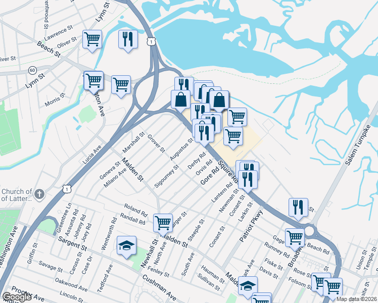 map of restaurants, bars, coffee shops, grocery stores, and more near 120 Sigourney Street in Revere