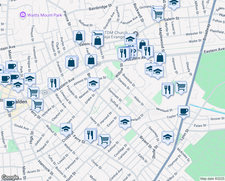 map of restaurants, bars, coffee shops, grocery stores, and more near 21 Sammett Street in Malden