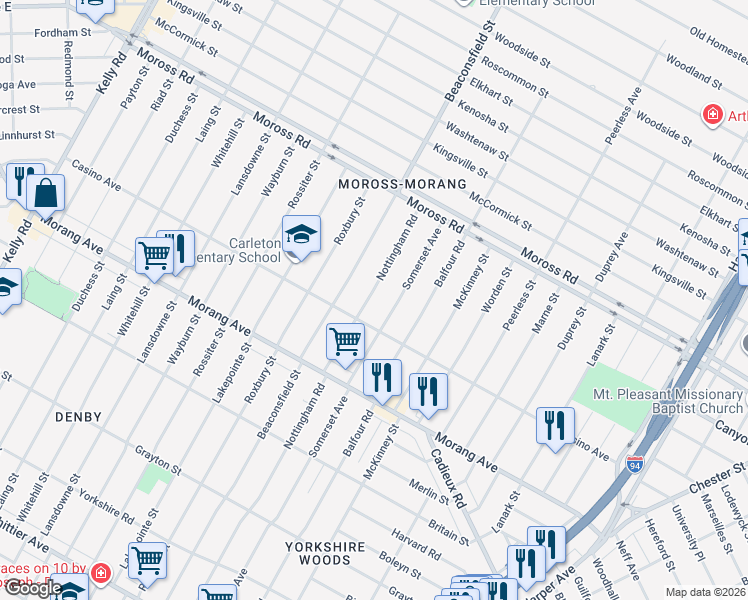 map of restaurants, bars, coffee shops, grocery stores, and more near 11542 Nottingham Road in Detroit