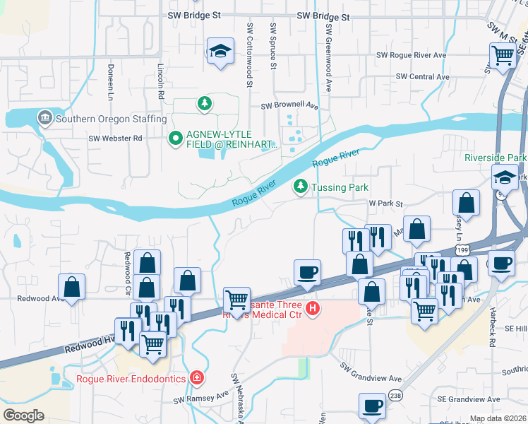 map of restaurants, bars, coffee shops, grocery stores, and more near 952 West Park Street in Grants Pass