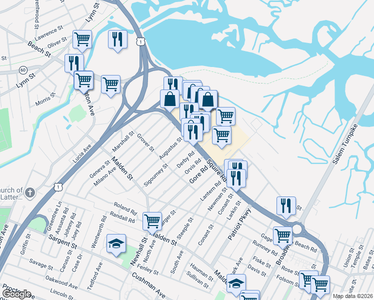 map of restaurants, bars, coffee shops, grocery stores, and more near 117 Sigourney Street in Revere