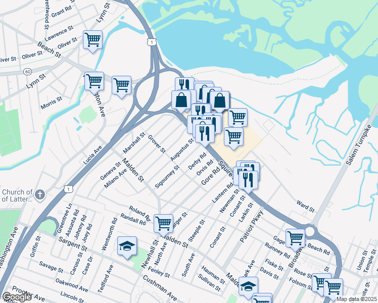 map of restaurants, bars, coffee shops, grocery stores, and more near 117 Sigourney Street in Revere