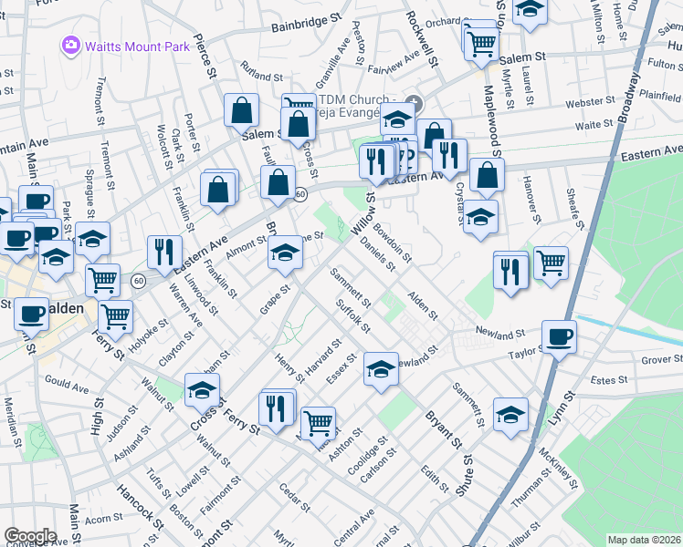 map of restaurants, bars, coffee shops, grocery stores, and more near 21 Sammett Street in Malden