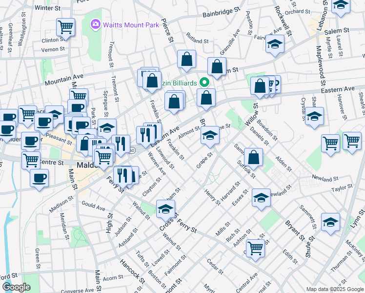 map of restaurants, bars, coffee shops, grocery stores, and more near 122 Franklin Street in Malden