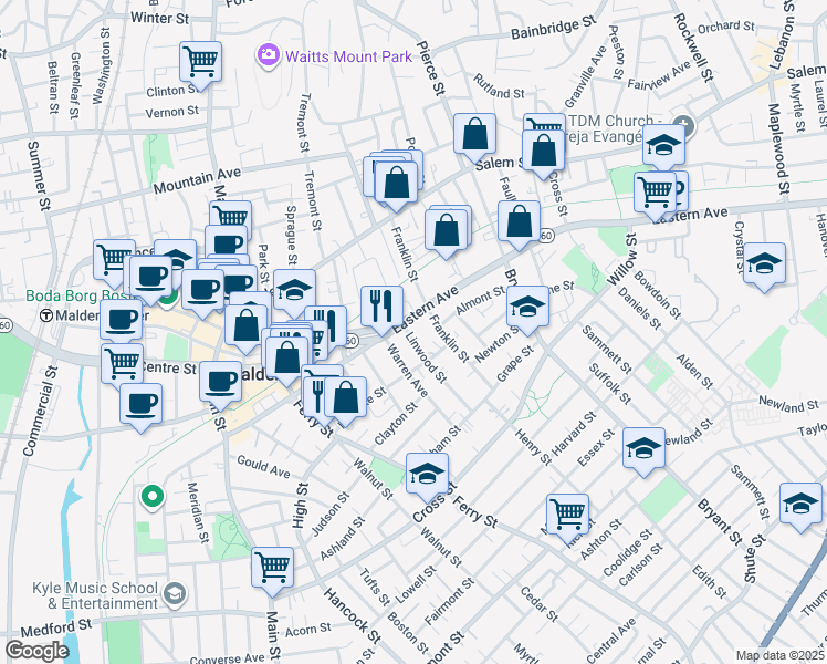 map of restaurants, bars, coffee shops, grocery stores, and more near 22 Linwood Street in Malden