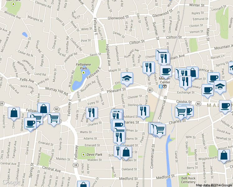 map of restaurants, bars, coffee shops, grocery stores, and more near in Malden