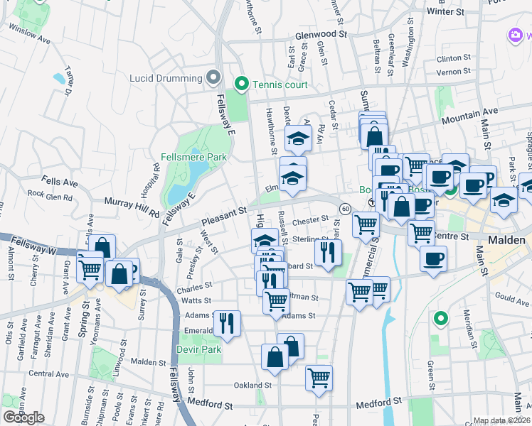 map of restaurants, bars, coffee shops, grocery stores, and more near in Malden