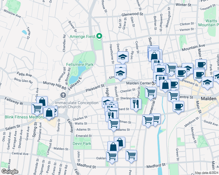 map of restaurants, bars, coffee shops, grocery stores, and more near in Malden