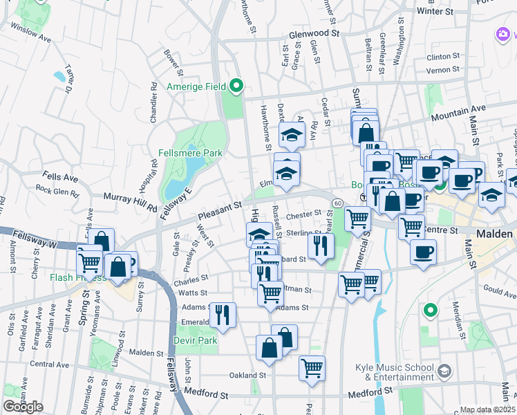 map of restaurants, bars, coffee shops, grocery stores, and more near in Malden