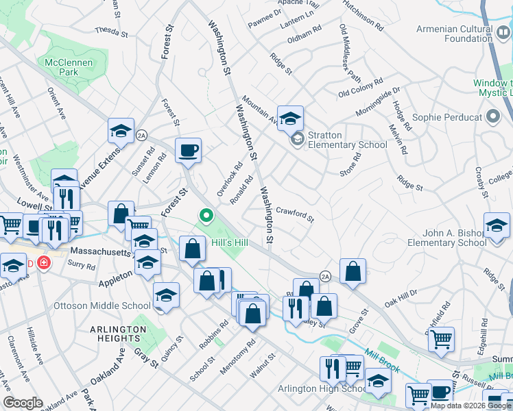 map of restaurants, bars, coffee shops, grocery stores, and more near 3 Crawford Street in Arlington