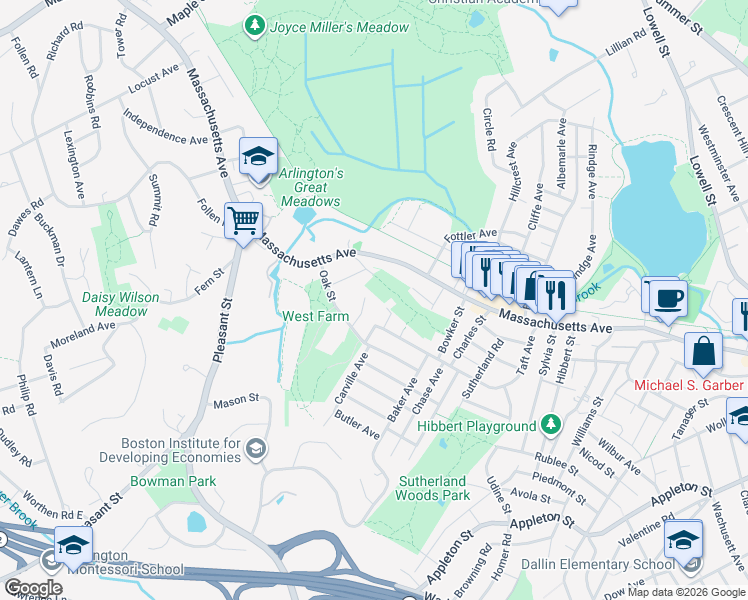 map of restaurants, bars, coffee shops, grocery stores, and more near 17 Holland Street in Lexington
