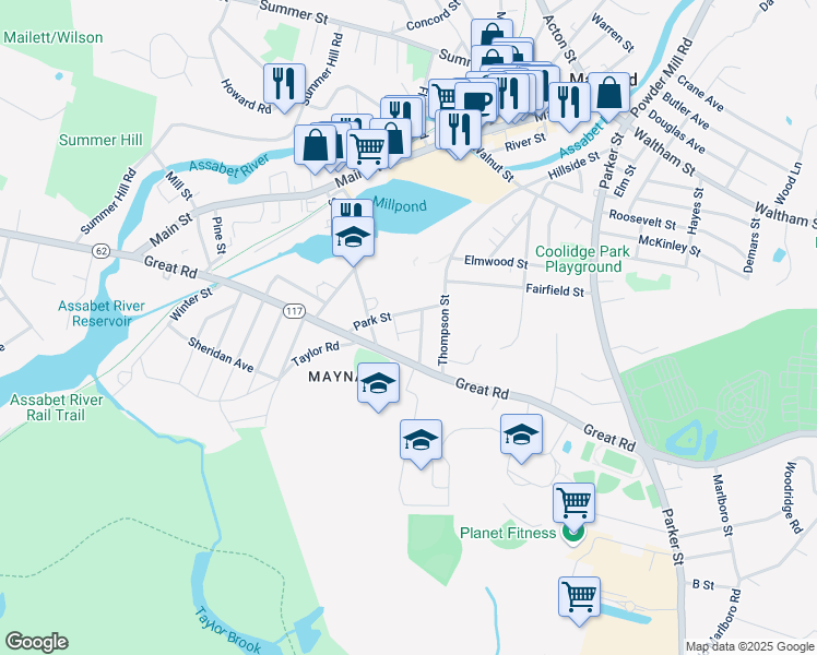 map of restaurants, bars, coffee shops, grocery stores, and more near 11 Sherman Street in Maynard