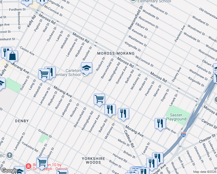 map of restaurants, bars, coffee shops, grocery stores, and more near 11542 Nottingham Road in Detroit