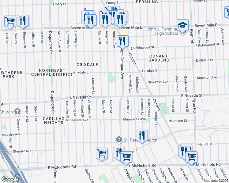 map of restaurants, bars, coffee shops, grocery stores, and more near 18010 Anglin Street in Detroit