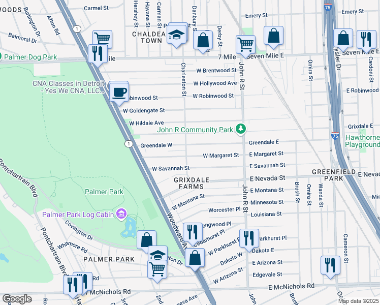 map of restaurants, bars, coffee shops, grocery stores, and more near 205 West Margaret Street in Highland Park