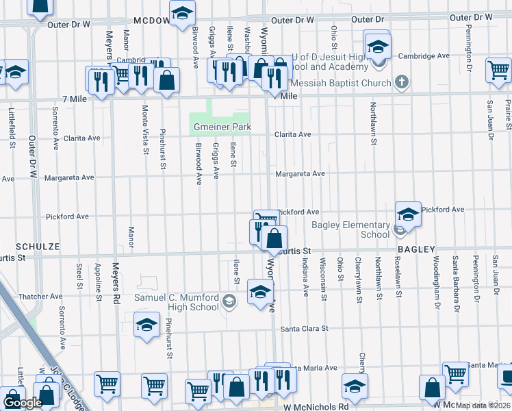 map of restaurants, bars, coffee shops, grocery stores, and more near 18404 Washburn Street in Detroit