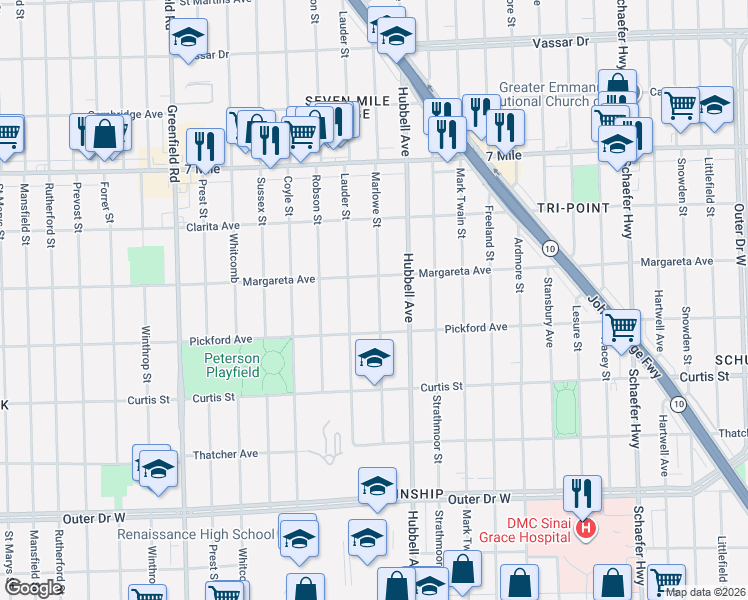 map of restaurants, bars, coffee shops, grocery stores, and more near 18443 Marlowe Street in Detroit