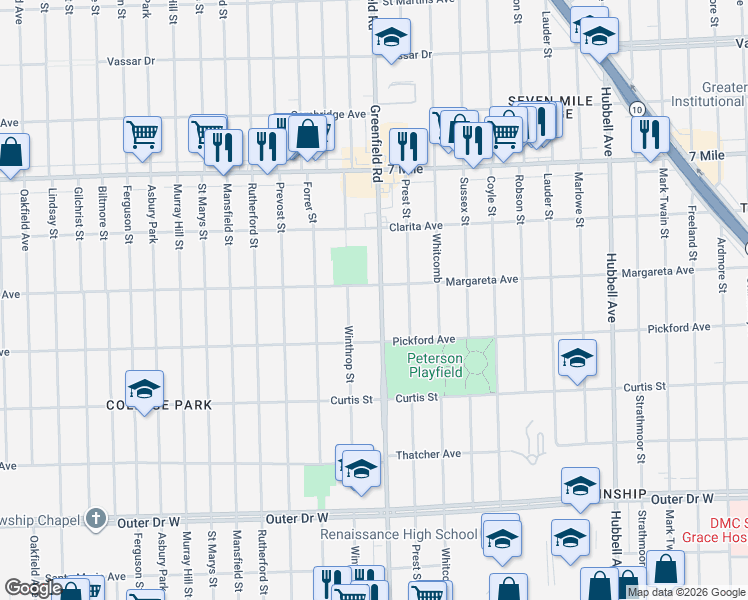 map of restaurants, bars, coffee shops, grocery stores, and more near 18484 Winthrop Street in Detroit