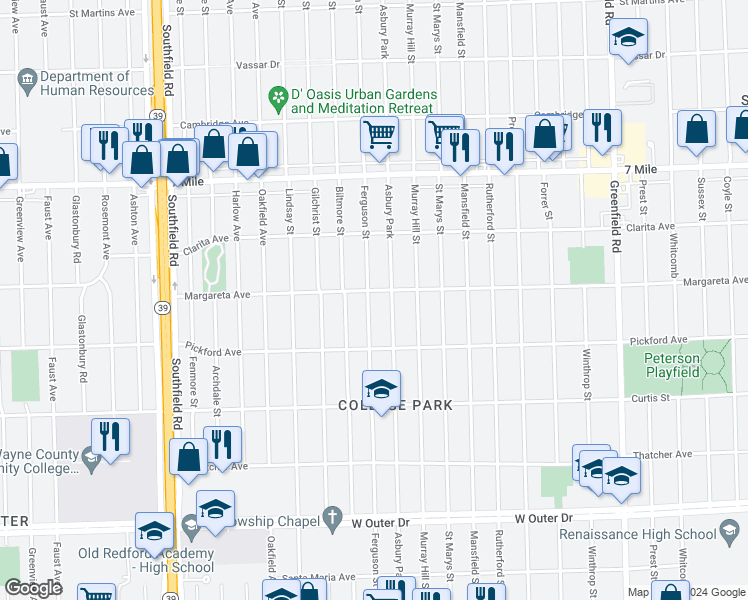map of restaurants, bars, coffee shops, grocery stores, and more near 18485 Asbury Park in Detroit