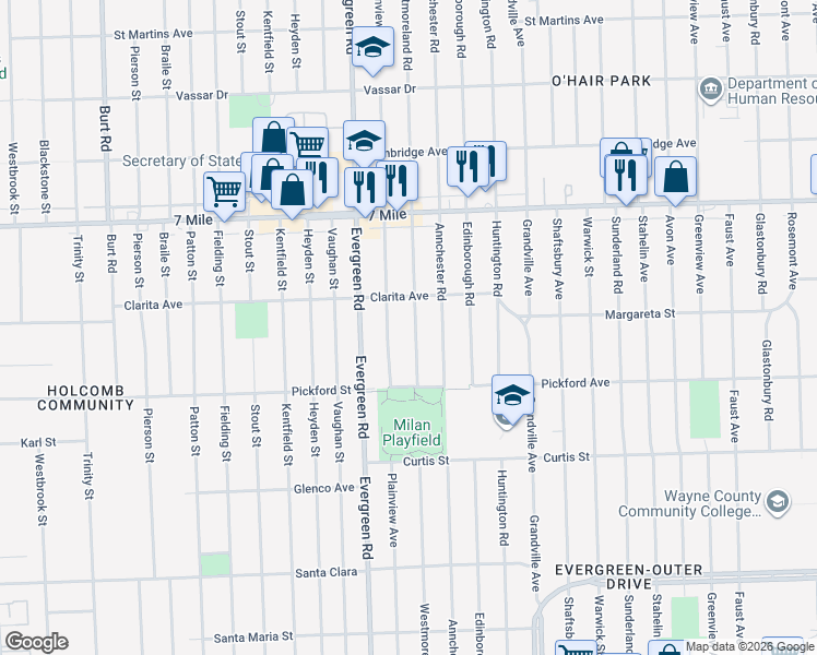 map of restaurants, bars, coffee shops, grocery stores, and more near 18496 Westmoreland Road in Detroit