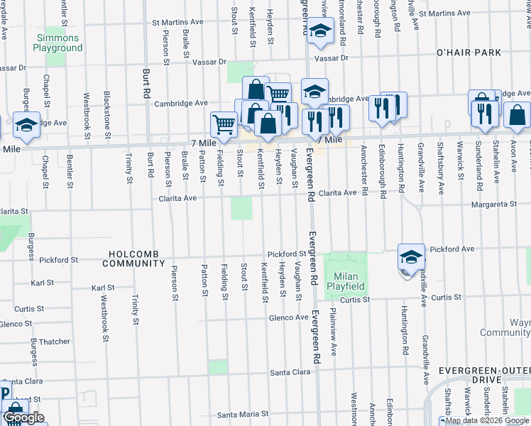 map of restaurants, bars, coffee shops, grocery stores, and more near 18509 Heyden Street in Detroit