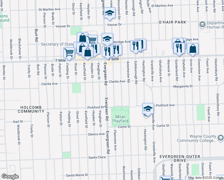 map of restaurants, bars, coffee shops, grocery stores, and more near 18523 Plainview Avenue in Detroit
