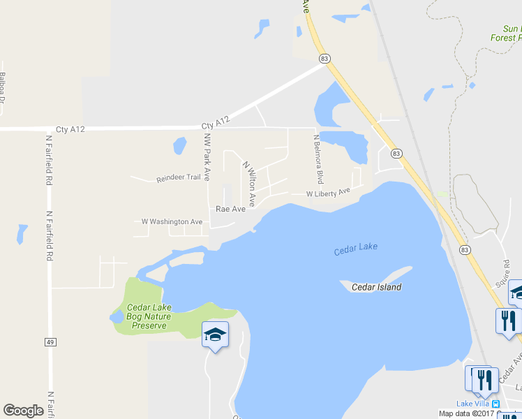 map of restaurants, bars, coffee shops, grocery stores, and more near 23587 West Parkway Avenue in Lake Villa